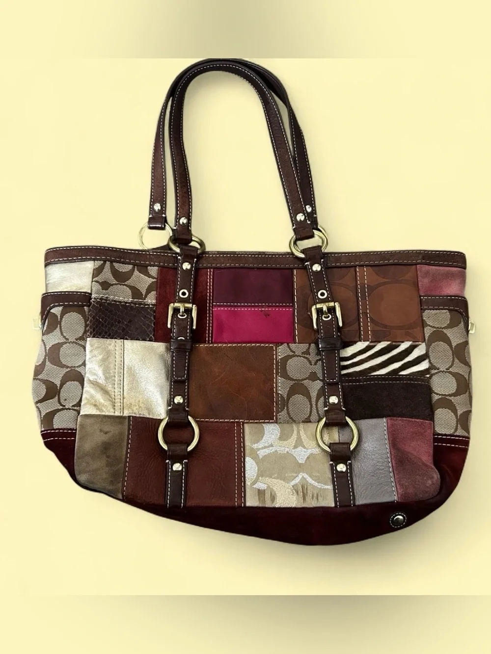Coach Patchwork Leather Tote in Brown, Pink & Cream